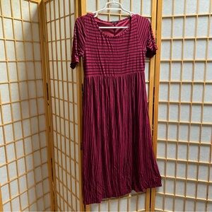Sweet Claire maroon and black stripe midi dress w/pockets